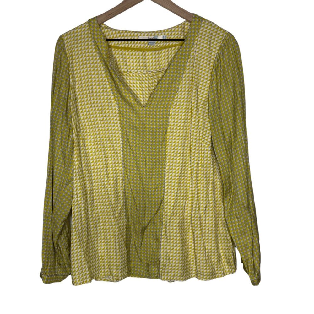 BODEN Long Sleeve Silk Blend Yellow Geometric V-Neck Top SZ 14R